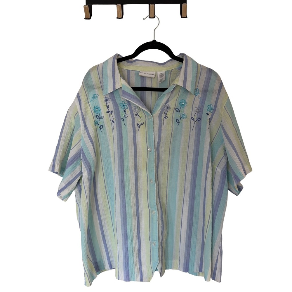 Striped Embroidered Button Top